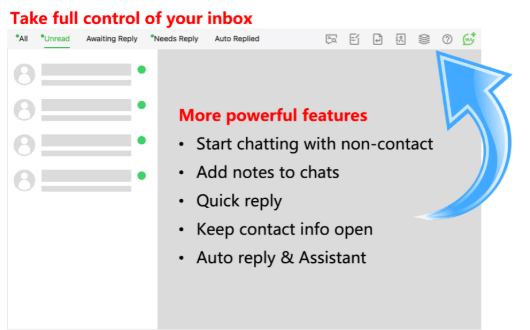 Wed-Sender Extension Interface - WhatsApp CRM features including inbox management, auto-reply, and contact organization